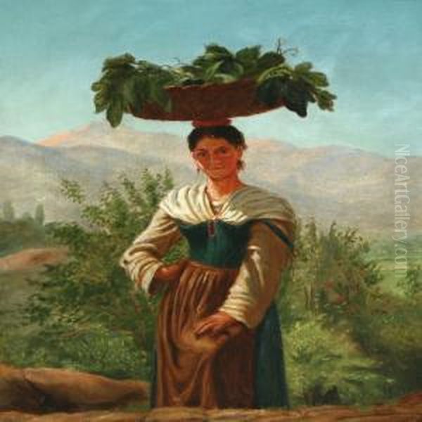 Italian Scenery Withpeasant In The Front Oil Painting by Frederick Christian Lund