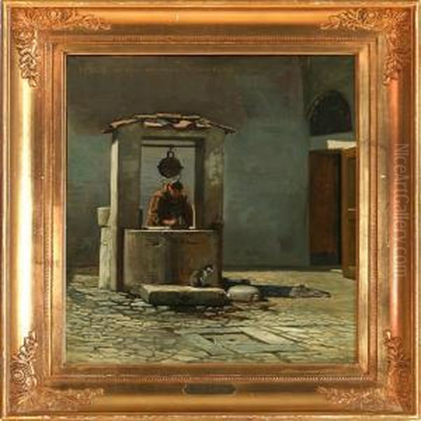 Scene From Rome With A Monk At A Well, At Boneventura Oil Painting by Frederick Christian Lund