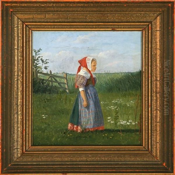 A Girl From Zeeland In The Meadow Oil Painting by Frederick Christian Lund