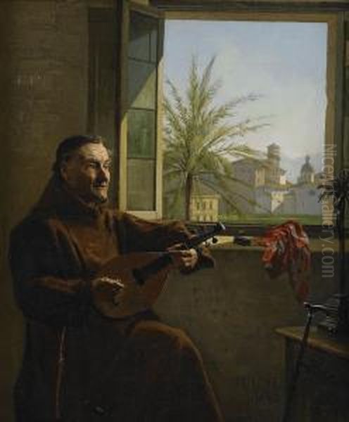 Mandolinspelande Munk Oil Painting by Frederick Christian Lund