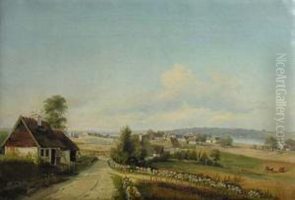 Etude, Paysage Aux Chaumieres Oil Painting by Frederick Christian Lund