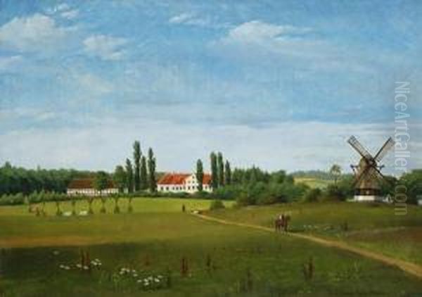 Danischer Gutshof Mit Windmuhle Oil Painting by Frederick Christian Lund