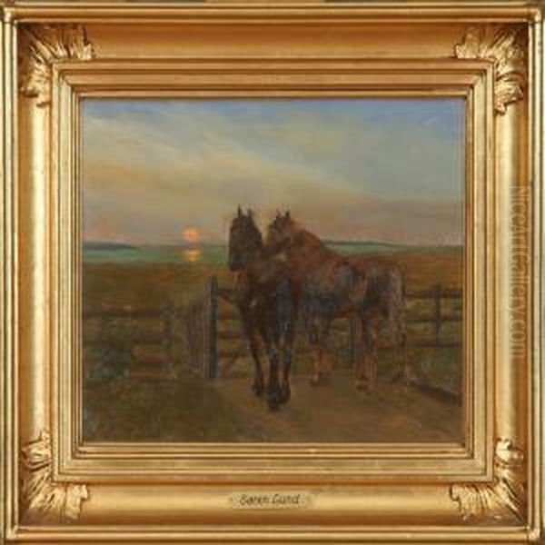 Two Horses In The Twilight Oil Painting by Soren Lund