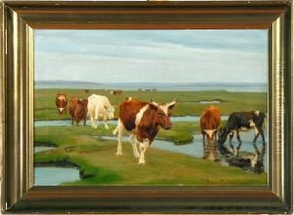 Grazing Cattle On Saltholm Island, Denmark Oil Painting by Soren Lund