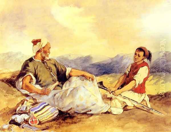 Two Moroccans Seated In The Countryside Oil Painting by Eugene Delacroix