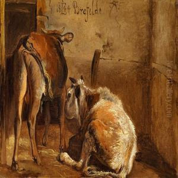 Two Cows In The Stable Oil Painting by Johan Thomas Lundbye