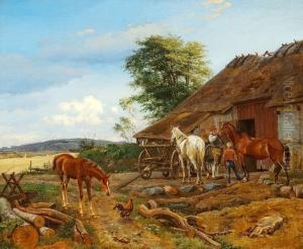 A Farmer Is Unharnessing A 
Horse, While The Foal Half Curious, Half Anxious Is Approaching The Cock Oil Painting by Johan Thomas Lundbye