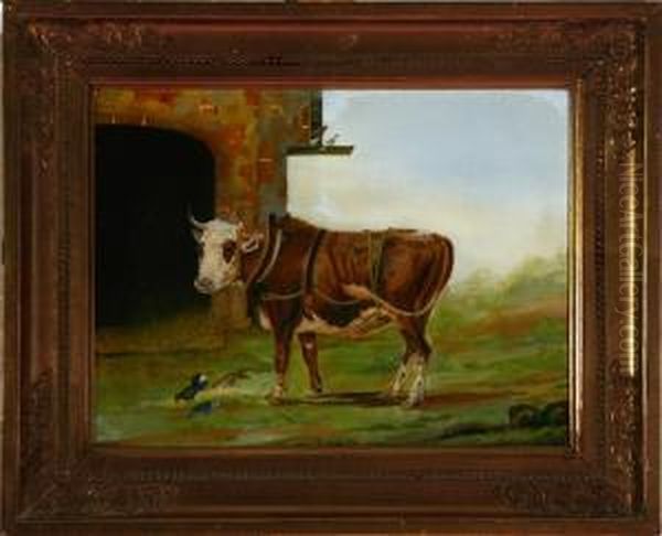 A Study Of A Bull Calf Oil Painting by Johan Thomas Lundbye