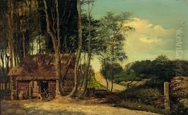 Landscape With A Small Cabin In A Forrest. Signed A. L. 1858. Oil On Plate. 23 X 38 Cm Oil Painting by Anders Christian Lunde