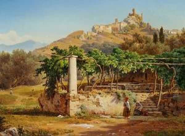 Italian Landscape With A Village On A Mountain Top Oil Painting by Anders Christian Lunde