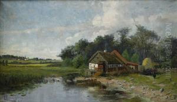 Skanegard Vid Vattendrag Oil Painting by Justus Lundegard