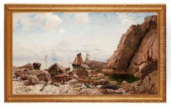 Segelskutor For Ankar Vid Klippvagg Oil Painting by Justus Lundegard