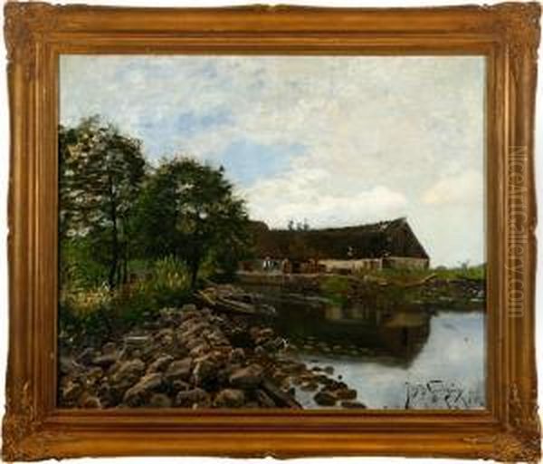 A Scanian Farm At A Lake With Rowing Boat. Signed. Dated July -98 Oil Painting by Justus Lundegard