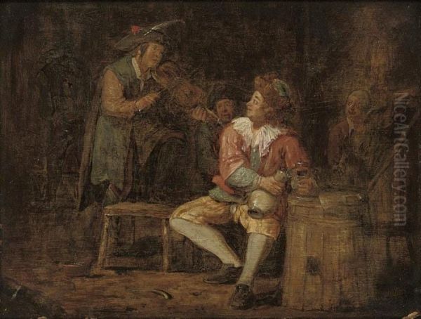 A Fiddler And Other Figures In A Tavern Oil Painting by Gerrit Lundens