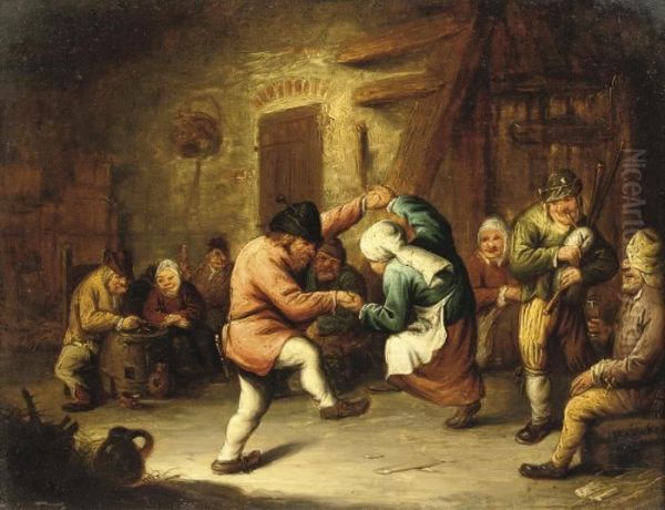 Boors Dancing In An Inn Oil Painting by Gerrit Lundens