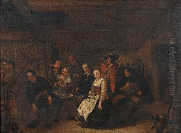 A Tavern Interior With Peasants Carousing Oil Painting by Gerrit Lundens