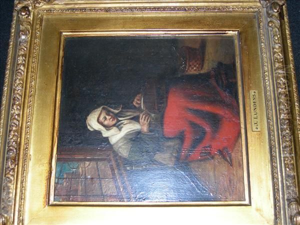 A Lady Sewing In Aninterior Oil Painting by Gerrit Lundens