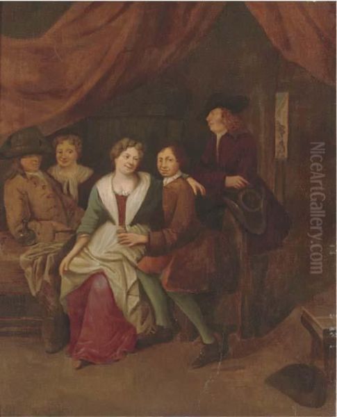 Elegant Company Courting In An Interior Oil Painting by Gerrit Lundens