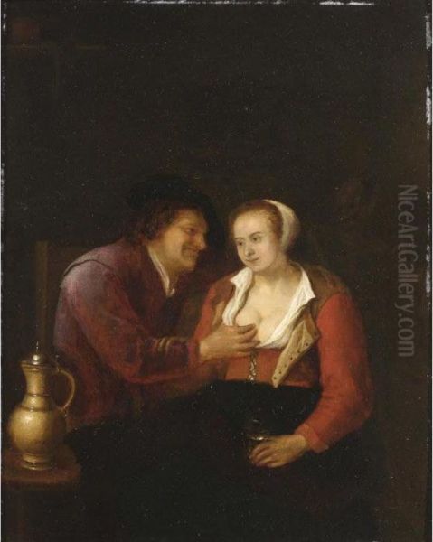 An Allegory Of Vanity With An Amorous Couple In An Inn Oil Painting by Gerrit Lundens