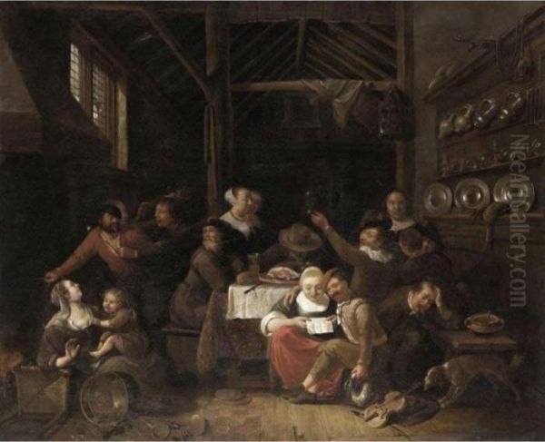 A Tavern Interior With Figures Drinking And Brawling Oil Painting by Gerrit Lundens