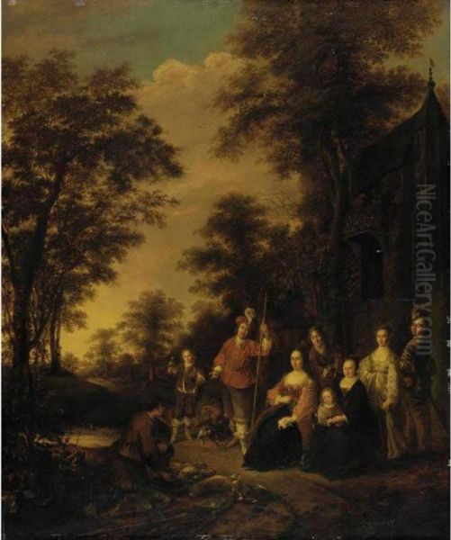 An Elegant Family In A Wooded Landscape Oil Painting by Gerrit Lundens