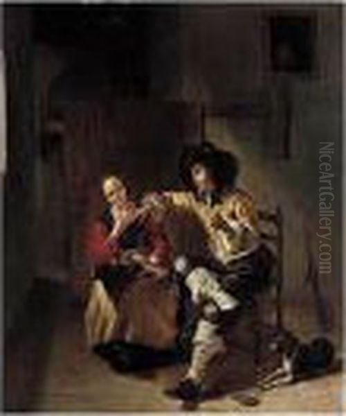 An Interior With A Sportsman Making Advances On A Maiden Making Lace Oil Painting by Gerrit Lundens