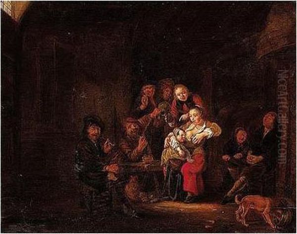 Peasant Interior With Figures Drinking Oil Painting by Gerrit Lundens