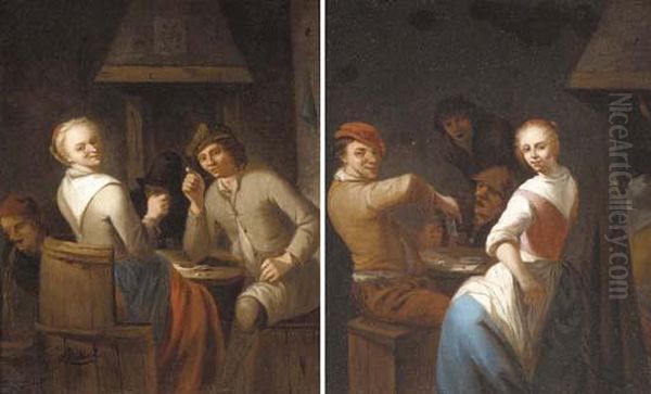 Peasants Merrymaking In A Tavern Interior Oil Painting by Gerrit Lundens