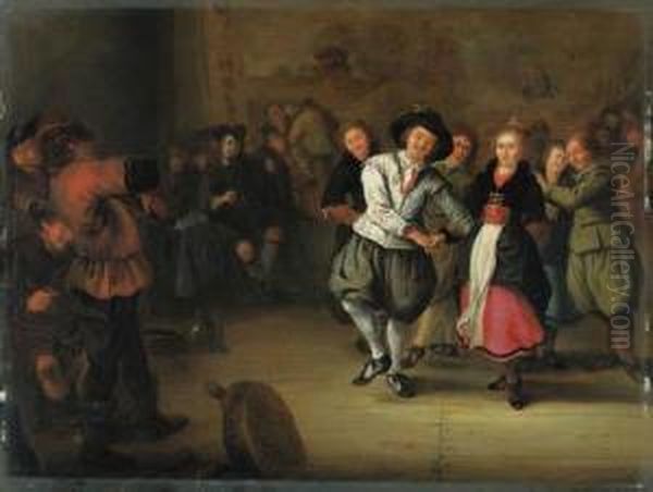 A Bridal Couple Dancing In An Interior Oil Painting by Gerrit Lundens