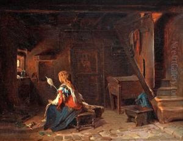 Interior With Italian Woman At The Spinningwheel Oil Painting by Egron Sellif Lundgren