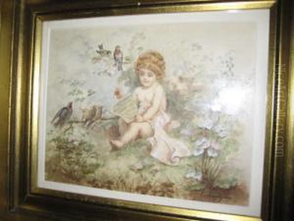 Young Child Seated Among Birds And Singing Oil Painting by Egron Sellif Lundgren