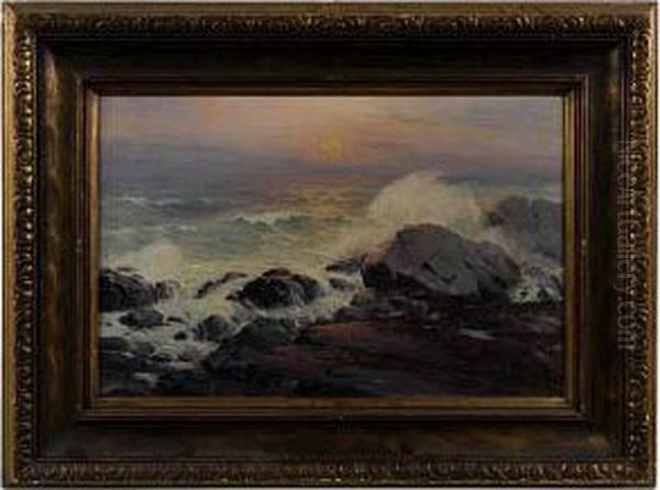 Sunset Over Crashing Surf. Oil Painting by Leon Lundmark