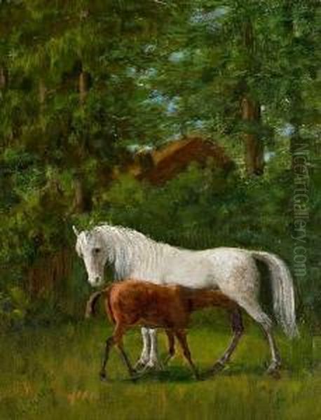 Horses In A Landscape. Signed A. Lunn Oil Painting by Agnes Lunn