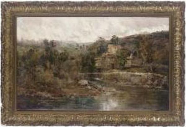 A Farmhouse At The Bend Of The River Oil Painting by Jose Lupianez y Carrasco