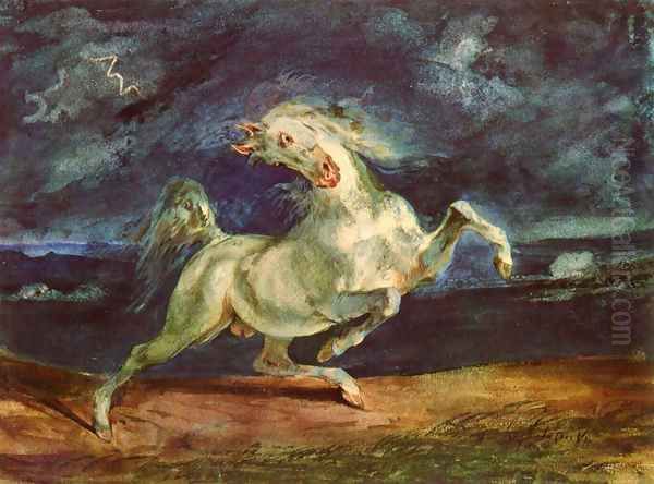 Before lightning shrinking of horse Oil Painting by Eugene Delacroix