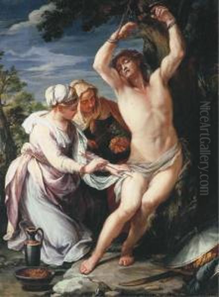 Saint Sebastian Tended By Saint Irene Oil Painting by Benedetto Luti