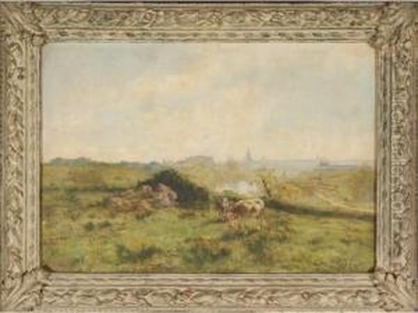 Troupeau De Vaches, Au Fond La Ville D'angers Oil Painting by Fernand Lutscher