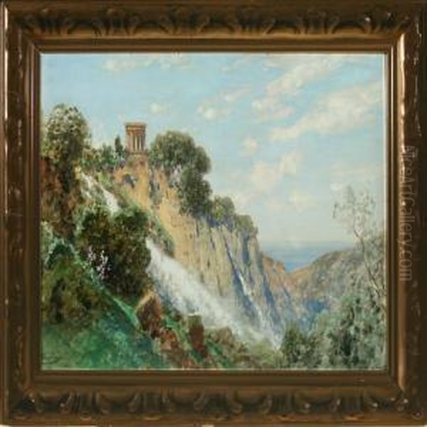 Waterfall By Tivoli, Italy Oil Painting by Ascan Lutteroth