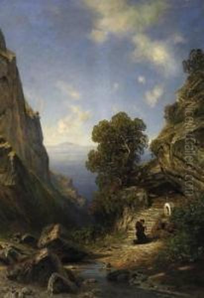 In A Cliff Gorge On Capri. 
Praying Monk On The Stations Of The Cross. Signed Bottom Right: A. 
Lutteroth Oil Painting by Ascan Lutteroth