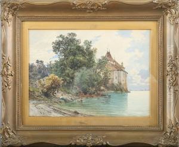 Lake Scenery With A Castle And A Girl Oil Painting by Ascan Lutteroth