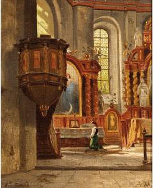 A Girl In A Church Interior Oil Painting by Ascan Lutteroth