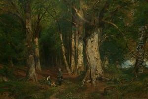 Sachsenwald. Im Vordergurnd Jager, Frau Und Kind. Unten Rechts Signiert A. Lutteroth Oil Painting by Ascan Lutteroth