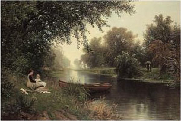 Picnic On The Riverbank Oil Painting by Ascan Lutteroth