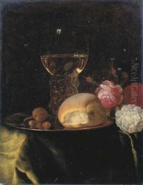 A Roemer Of White Wine, A Bread 
Roll And Nuts On A Silver Plate,together With Roses On A Green-draped 
Table Oil Painting by Simon Luttichuys