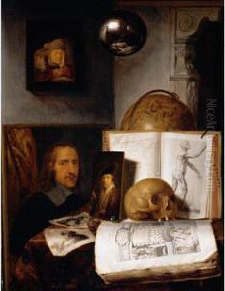 Still Life Of Books, Prints, 
Paintings, A Skull, Shell And A Globe Upon A Table Draped With A Green 
Cloth, A Sphere And A Painting Hanging Above Oil Painting by Simon Luttichuys