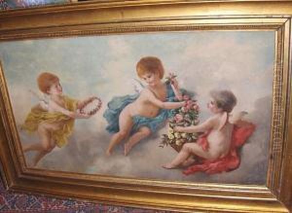 Putti With Flower Garlands Oil Painting by Charles Augustus Henry Lutyens