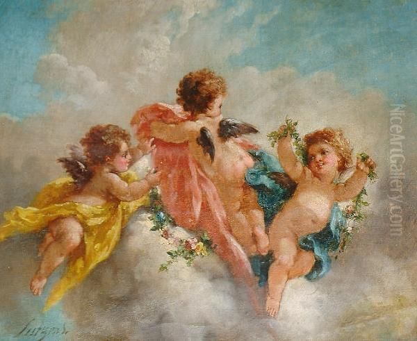 Putti With Garlands Of Flowers; And Putti With Birds, A Pairboth 'lutyens' (lower Left) Oil Painting by Charles Augustus Henry Lutyens