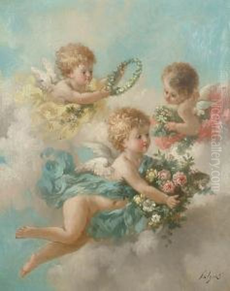 Putto With Garlands Of Flowers Amongst Clouds. Oil Painting by Charles Augustus Henry Lutyens