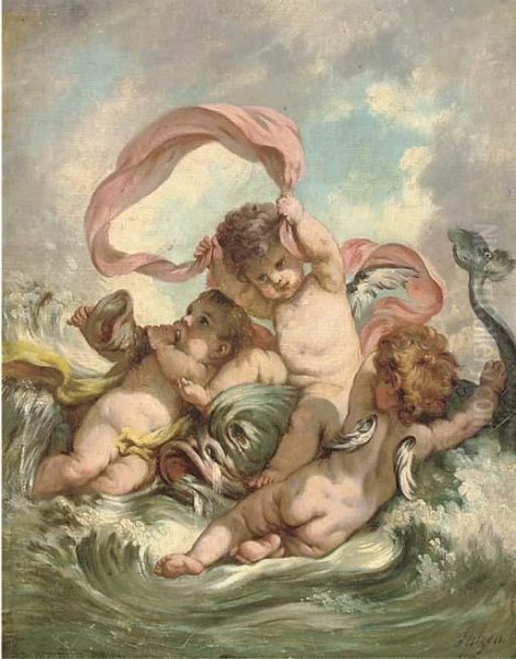 Putti Disporting With A Fish In A Seascape Oil Painting by Charles Augustus Henry Lutyens