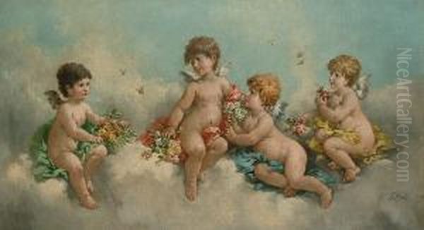 Putti With Flowers Disporting Amongst Clouds Oil Painting by Charles Augustus Henry Lutyens